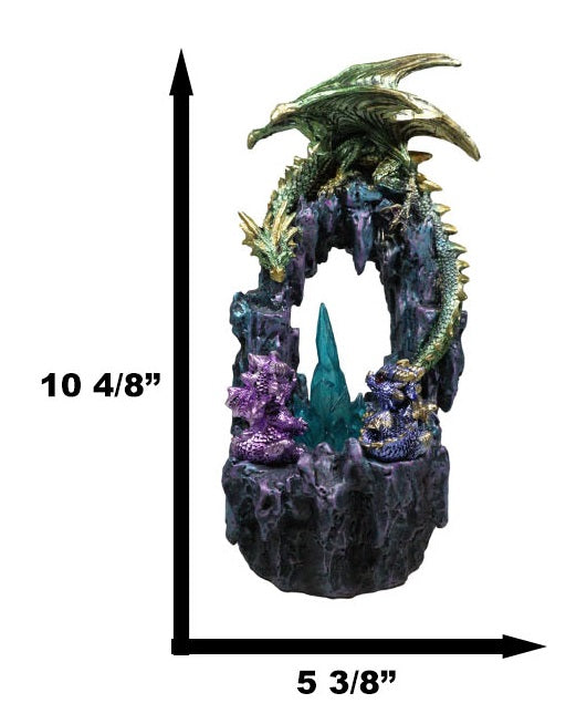 Green And Gold Dragon Guarding Faux Geode Rock Arch With LED Crystals Figurine
