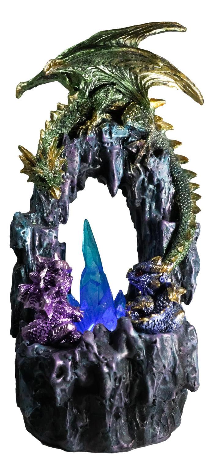 Green And Gold Dragon Guarding Faux Geode Rock Arch With LED Crystals Figurine