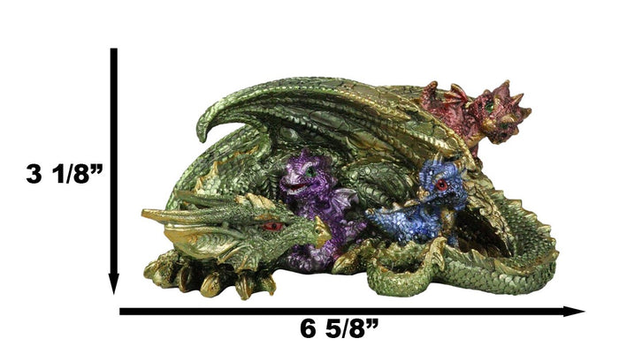 Green And Gold Dragon Mother With Hatchlings At Nap Time Family Fantasy Figurine