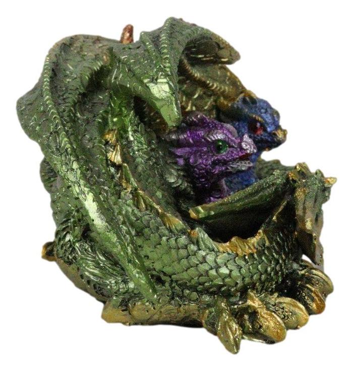 Green And Gold Dragon Mother With Hatchlings At Nap Time Family Fantasy Figurine