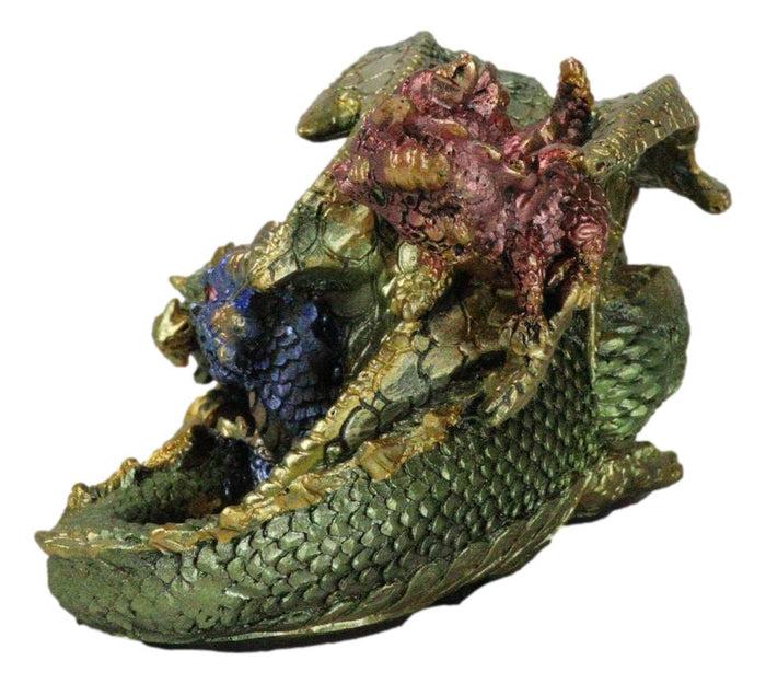 Green And Gold Dragon Mother With Hatchlings At Nap Time Family Fantasy Figurine