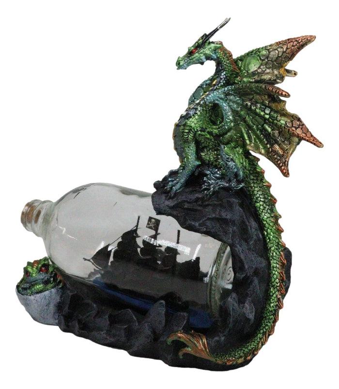 Green And Gold Dragon On Rock Cliff With Pirate Ship In Glass Bottle Figurine