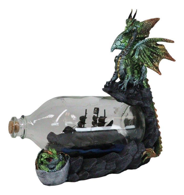 Green And Gold Dragon On Rock Cliff With Pirate Ship In Glass Bottle Figurine