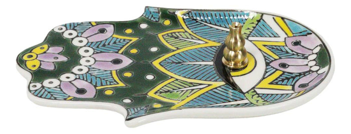 Green Chakra Hamsa Palm Mandala And Evil Eye Ceramic Dish Brass Incense Holder