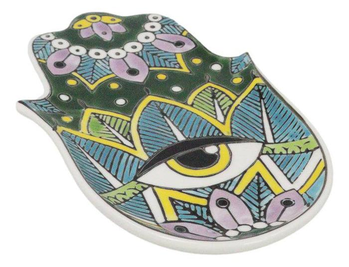 Green Chakra Hamsa Palm Mandala And Evil Eye Ceramic Dish Brass Incense Holder
