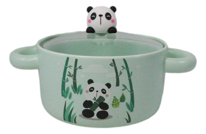 Green Curious Panda Bear Donburi Ramen Soup Bowl With Glass Lid And Handles Green Curious Panda Bear Donburi Ramen Soup Bowl With Glass Lid And Handles