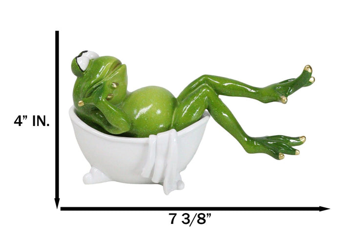 Green Frog With Golden Nails Soaking In Bath Tub While Daydreaming Figurine