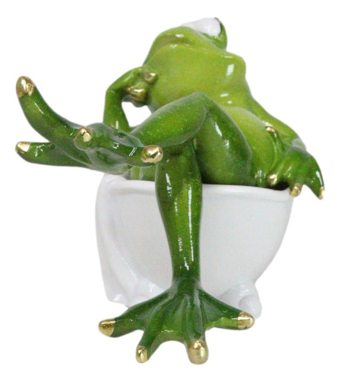 Green Frog With Golden Nails Soaking In Bath Tub While Daydreaming Figurine