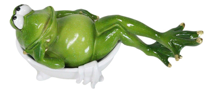 Green Frog With Golden Nails Soaking In Bath Tub While Daydreaming Figurine