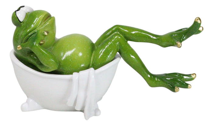 Green Frog With Golden Nails Soaking In Bath Tub While Daydreaming Figurine
