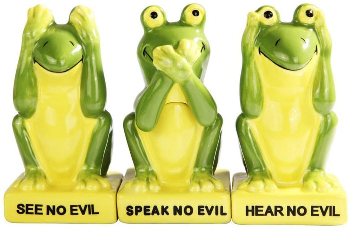 Green Frogs Froggy See Hear Speak No Evil Salt Pepper Shakers & Toothpick Holder