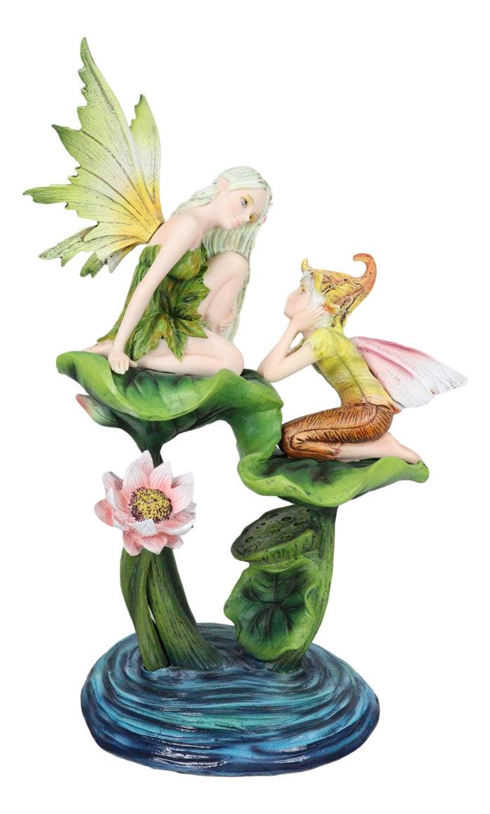Green Pixie Tribal Fairy Sharing Thoughts With Buddy Elf By Lily Pond Figurine