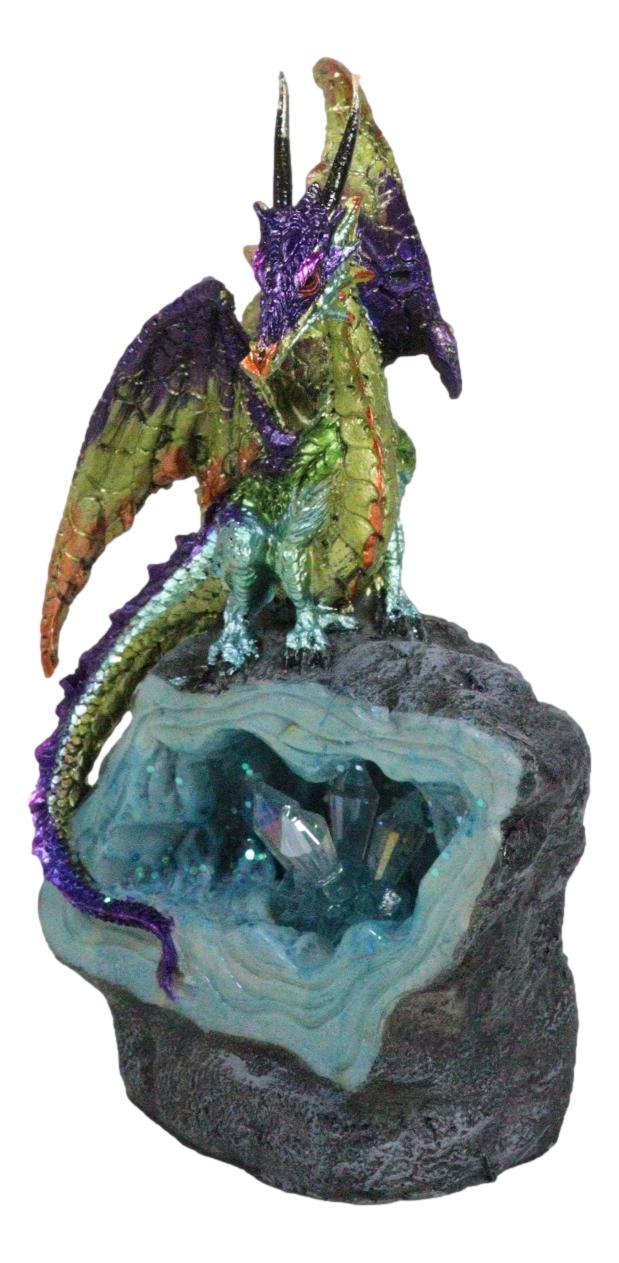Green Purple And Gold Earth Dragon On LED Faux Geode Crystals Rock Figurine