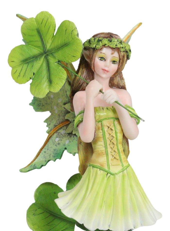 Green Shamrock Lucky Clovers Spring Garden Fairy With Striped Leggings Figurine