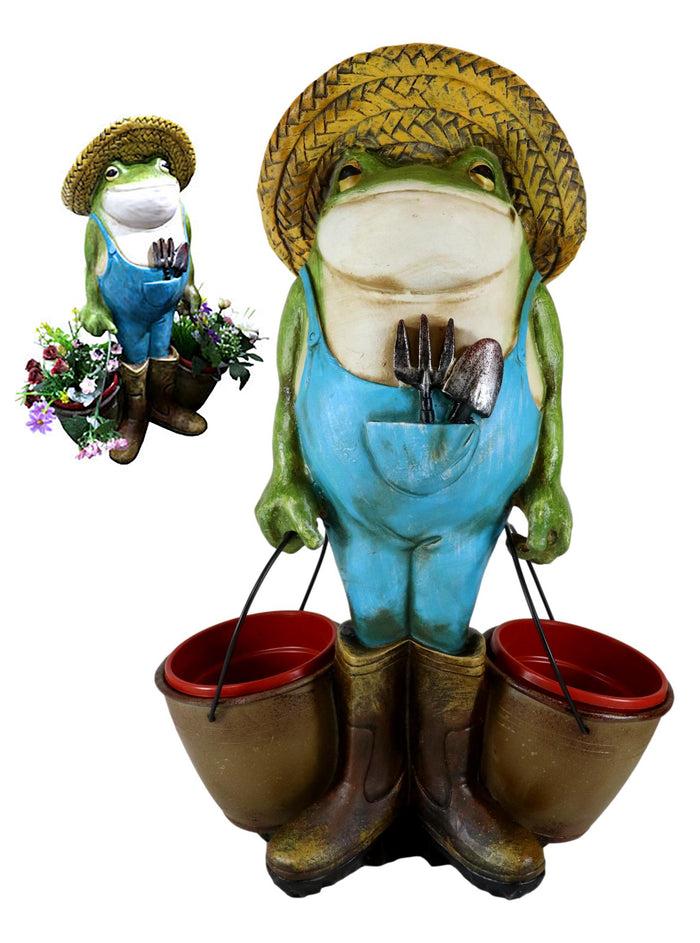 Green Thumb Frog Toad With Trowel And Fork Carrying Pails Planter Vase Statue