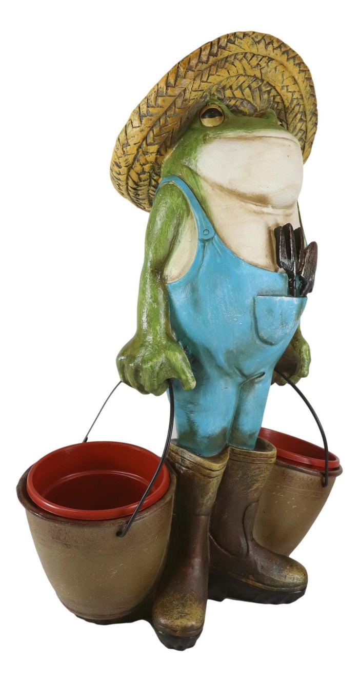 Green Thumb Frog Toad With Trowel And Fork Carrying Pails Planter Vase Statue