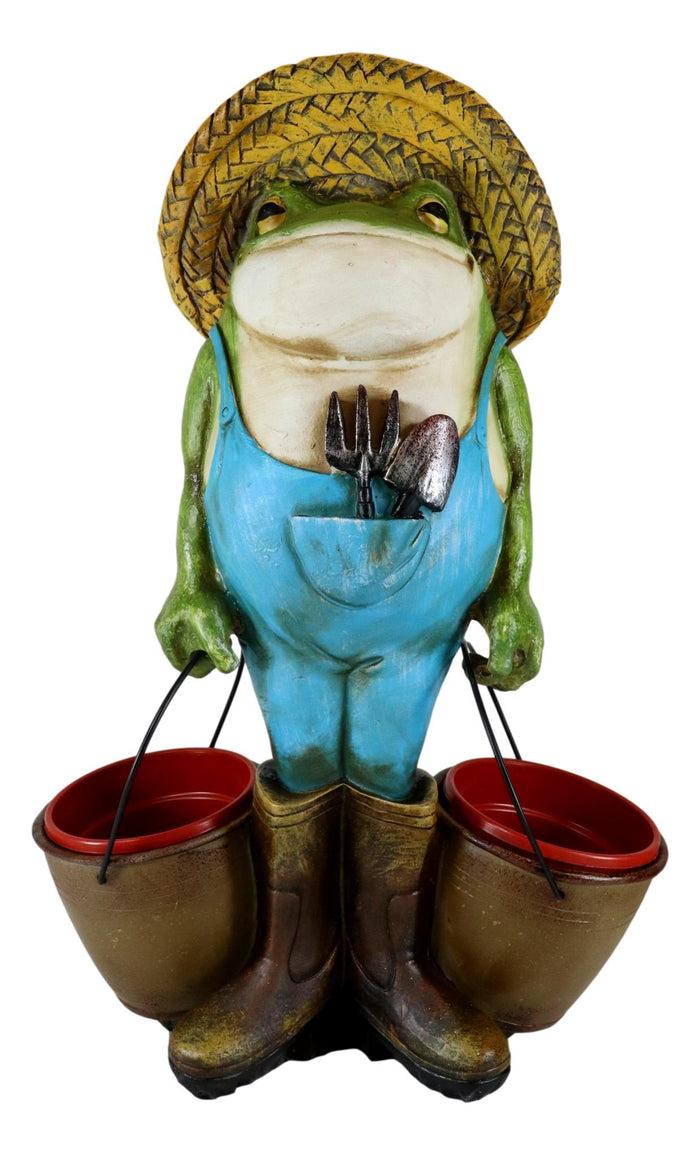 Green Thumb Frog Toad With Trowel And Fork Carrying Pails Planter Vase Statue