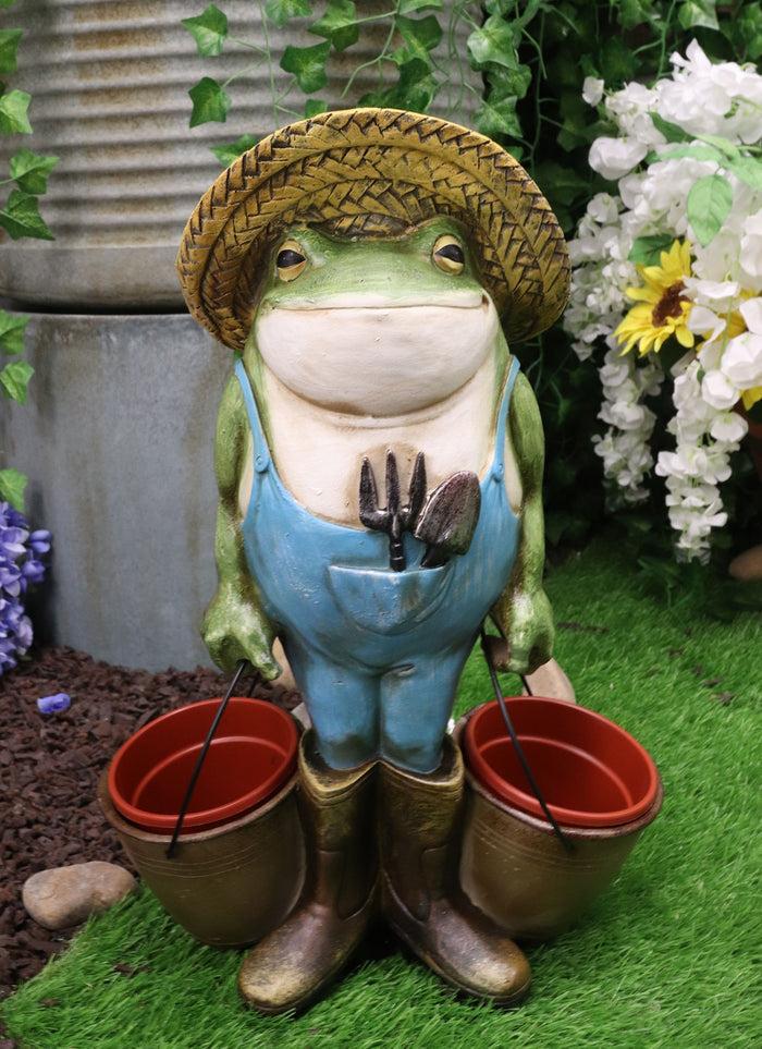 Green Thumb Frog Toad With Trowel and Fork Carrying Pails Planter Vase Statue