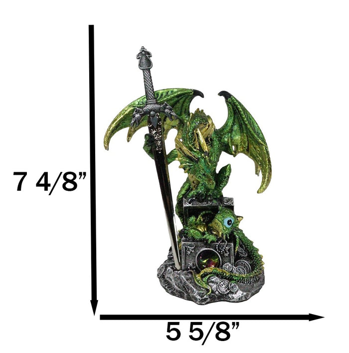Green Treasure Dragon Holding Gothic Sword With Baby Letter Opener Figurine