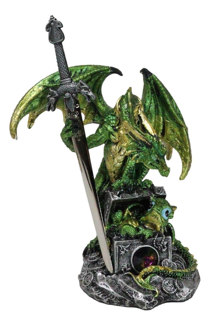 Green Treasure Dragon Holding Gothic Sword With Baby Letter Opener Figurine