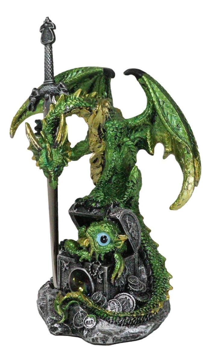 Green Treasure Dragon Holding Gothic Sword With Baby Letter Opener Figurine