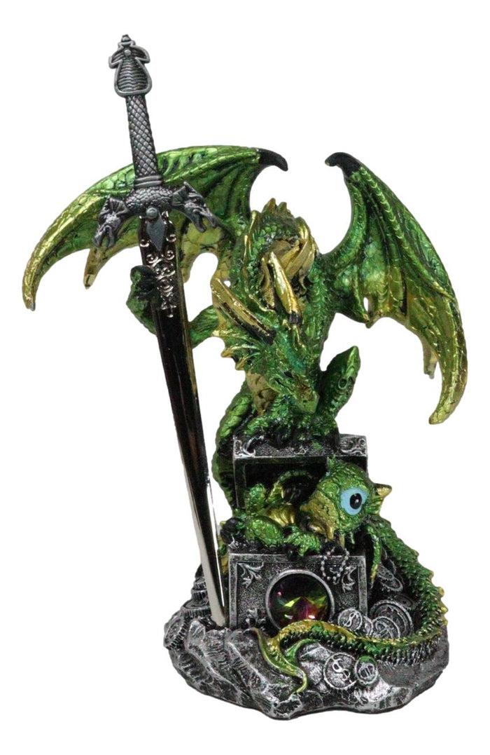 Green Treasure Dragon Holding Gothic Sword With Baby Letter Opener Figurine Green Treasure Dragon Holding Gothic Sword With Baby Letter Opener Figurine