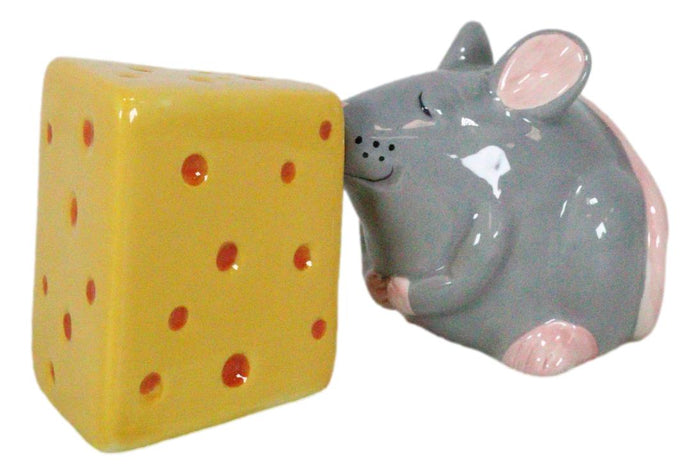 Grey Rat Mouse And Cheddar Cheese Block Ceramic Salt And Pepper Shakers Set