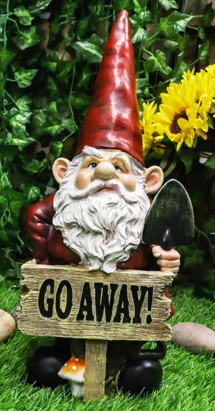 Grumpy Mr Gnome Grandpa With Shovel Standing By 'Go Away ' Yard Sign Figurine