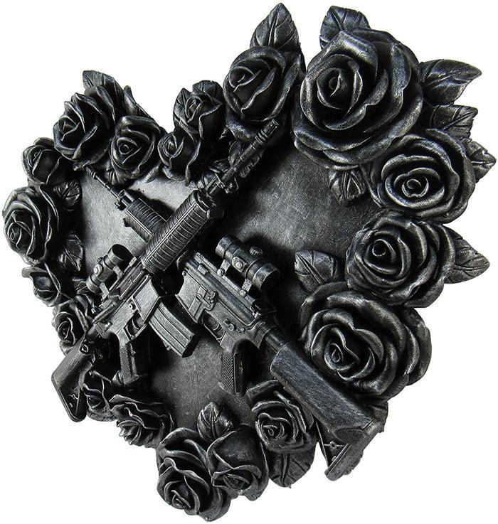 Gunmetal Roses And Rifle Guns Heart Shape Gothic Wall Decor Art Plaque Figurine