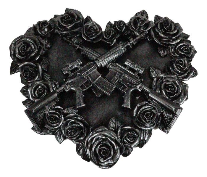 Gunmetal Roses And Rifle Guns Heart Shape Gothic Wall Decor Art Plaque Figurine