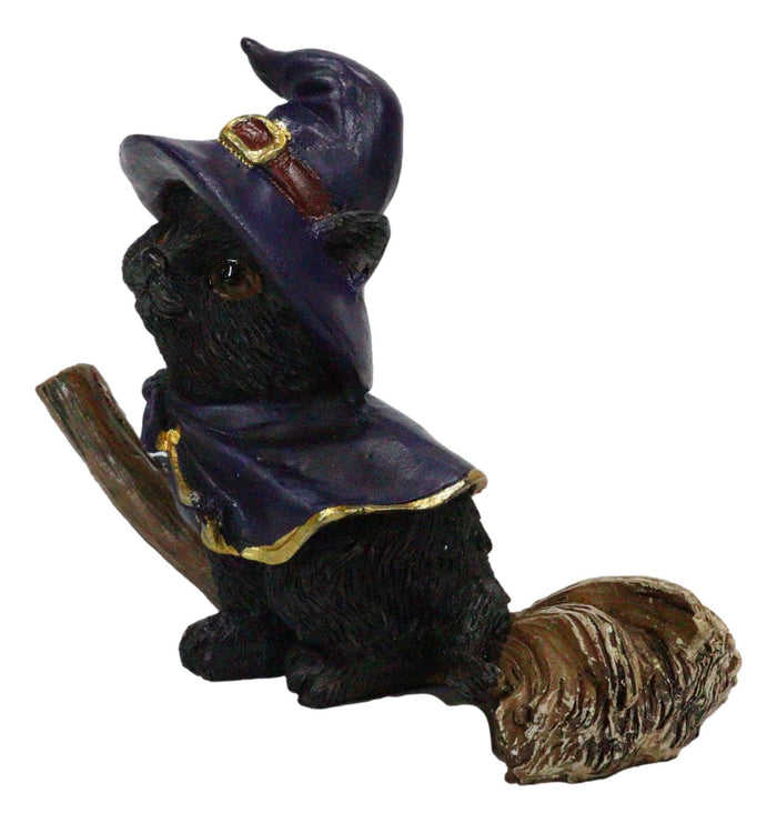 Halloween Black Cat With Witch Hat And Cape Riding Magical Broomstick Figurine