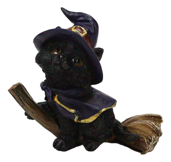 Halloween Black Cat With Witch Hat And Cape Riding Magical Broomstick Figurine