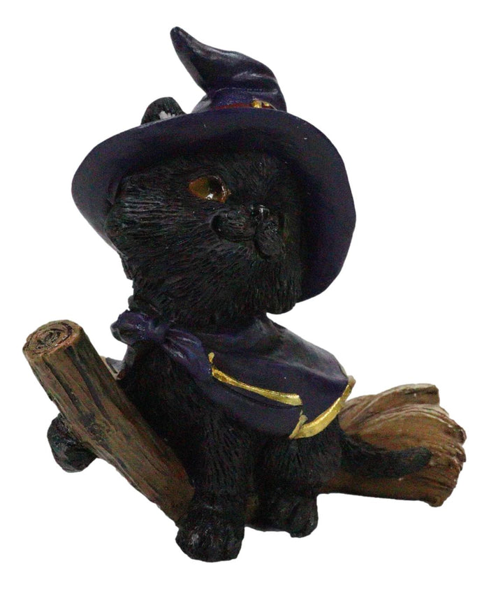 Halloween Black Cat With Witch Hat And Cape Riding Magical Broomstick Figurine