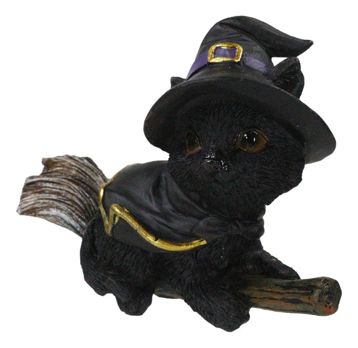 Halloween Black Cat With Witch Hat & Cape Flying On Magical Broomstick Figurine