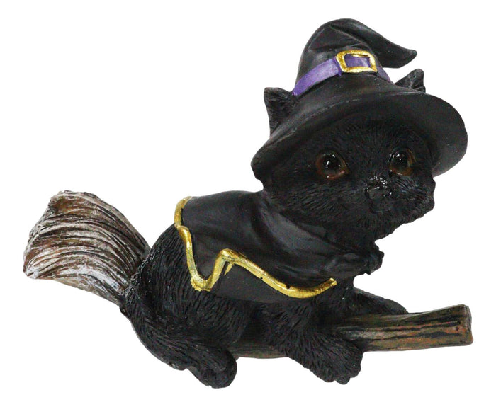 Halloween Black Cat With Witch Hat & Cape Flying On Magical Broomstick Figurine