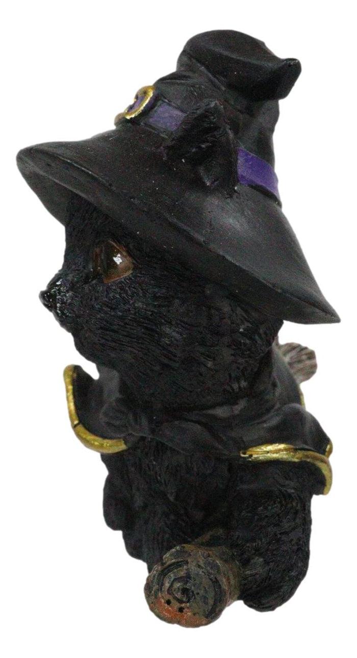 Halloween Black Cat With Witch Hat & Cape Flying On Magical Broomstick Figurine