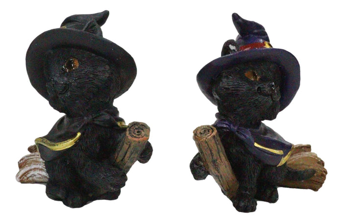 Halloween Black Cats With Witch Hat And Cape On Magical Broomstick Figurines Set