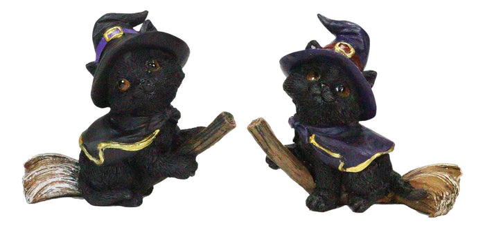 Halloween Black Cats With Witch Hat And Cape On Magical Broomstick Figurines Set