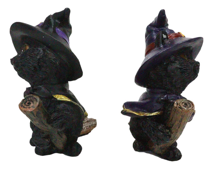 Halloween Black Cats With Witch Hat And Cape On Magical Broomstick Figurines Set
