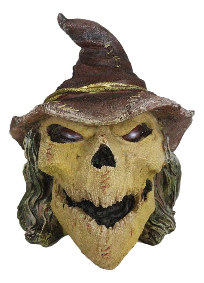 Halloween Creepy Scarecrow Straw Man Skull With Faux Leather Stitch Hat Figurine