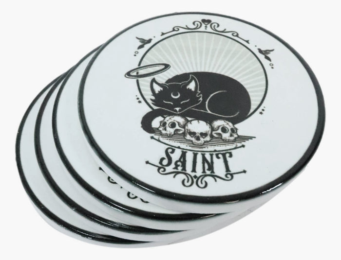 Halo Black Cat Saint And Skulls Ceramic Coaster Set Of 4 Tiles With Cork Backing