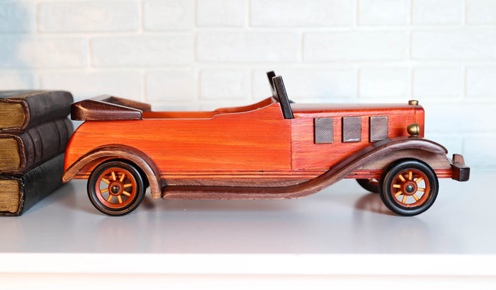 Hand Made Wood Retro Antique Style Orange Convertible Car Wine Holder Figurine