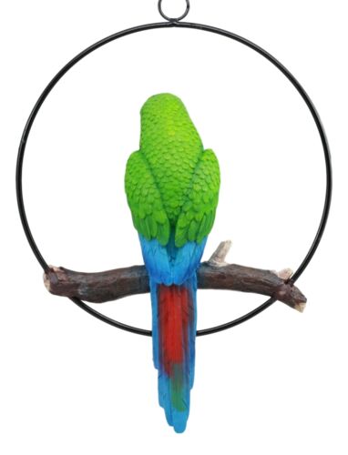 Hanging Military Macaw Parrot Perching On Branch In Metal Round Ring 13.5"H