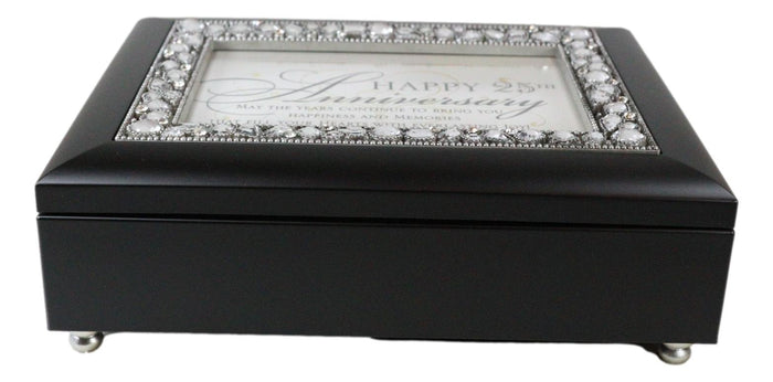 Happy 25th Anniversary Burlwood With Crystals & Silver Motif Musical Trinket Box