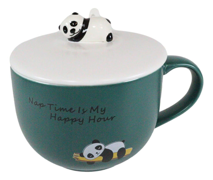 Happy Hour Sleeping Panda Bear Green Ceramic Coffee Mug With Spoon And Lid Set