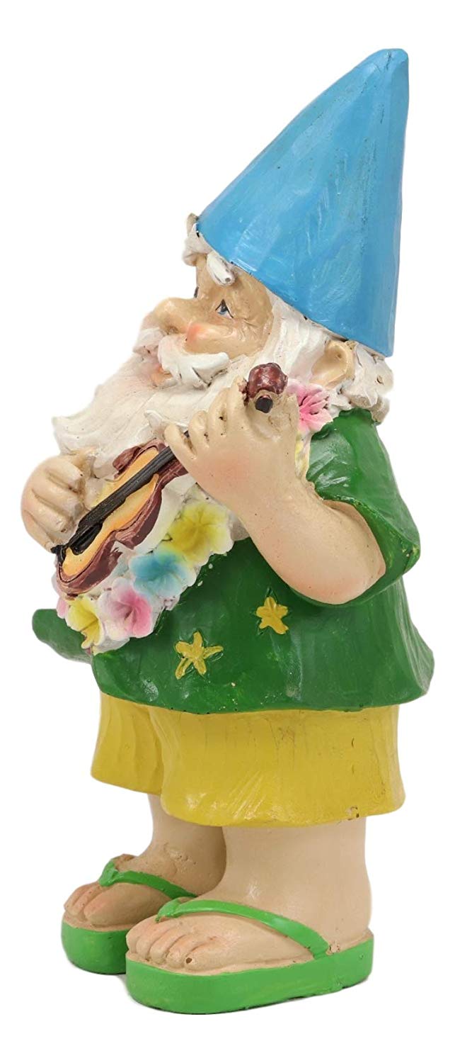 Hawaii Themed Vacation Fairy Garden Papa Gnome Playing Ukulele Statue Gnomes