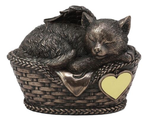 Heavenly Angel Cat Sleeping In Wicker Bed Cremation Urn Pet Memorial Statue