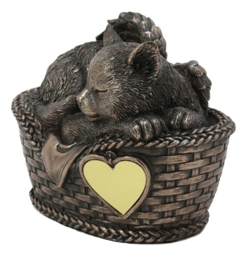 Heavenly Angel Cat Sleeping In Wicker Bed Cremation Urn Pet Memorial Statue