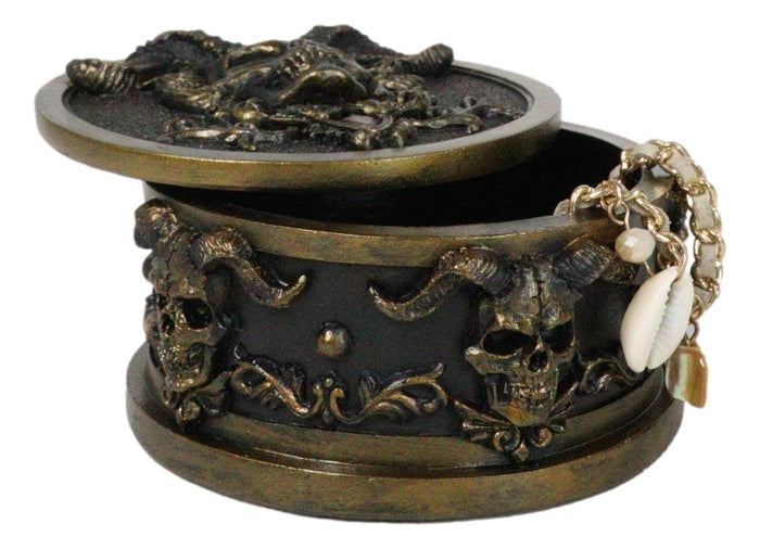 Hell Imp Horned Demon Skull Skeleton Floral Tooled Round Decorative Jewelry Box