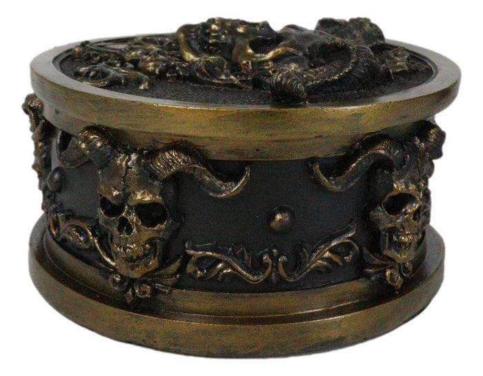 Hell Imp Horned Demon Skull Skeleton Floral Tooled Round Decorative Jewelry Box